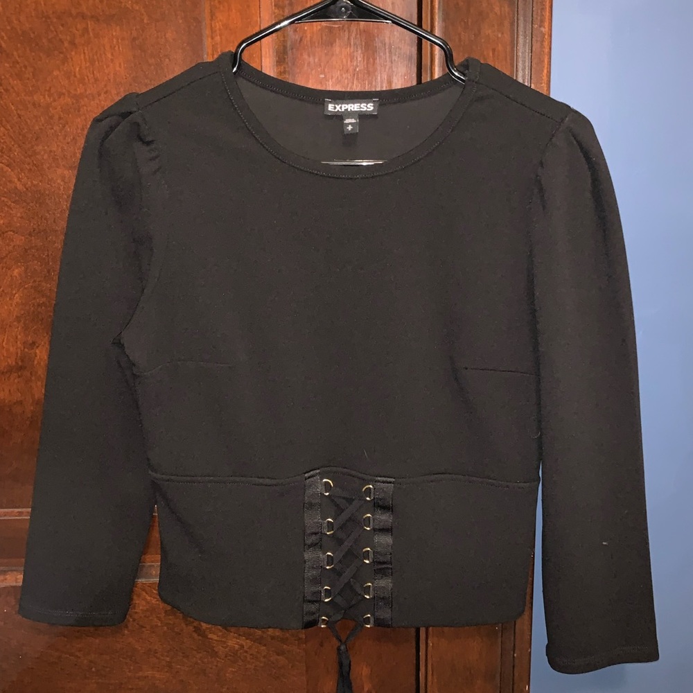 Express Black& Gold Detailed Three Quarter Sleeve Blouse with Zipper in Size SP